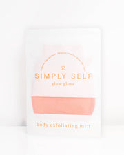 Simply Self Glow Essential Body Bundle body exfoliating mitt packaging with peach color, designed to cleanse and nourish skin