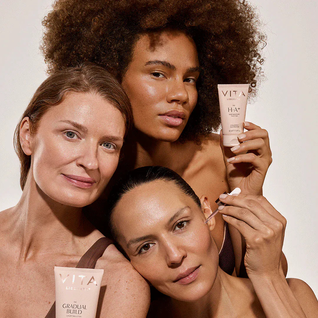 Vita Liberata Deep Moisture Face Tan displayed by diverse models promoting radiant, hydrated skin with self-tanning beauty products.