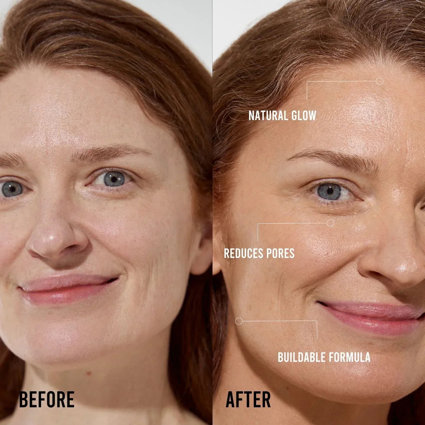 Before and after image showcasing the effects of Vita Liberata Deep Moisture Face Tan with natural glow and reduced pores.
