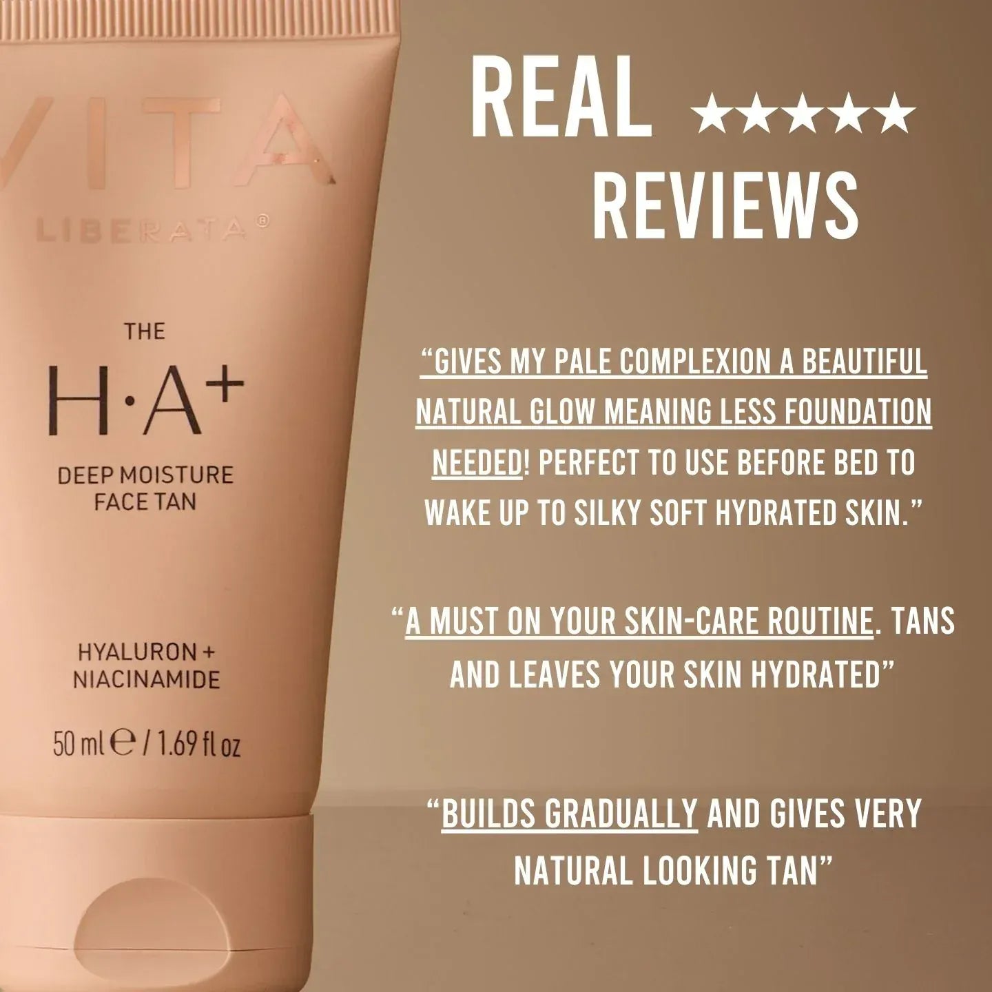 Vita Liberata Deep Moisture Face Tan product with real customer reviews highlighting natural glow and hydration benefits.