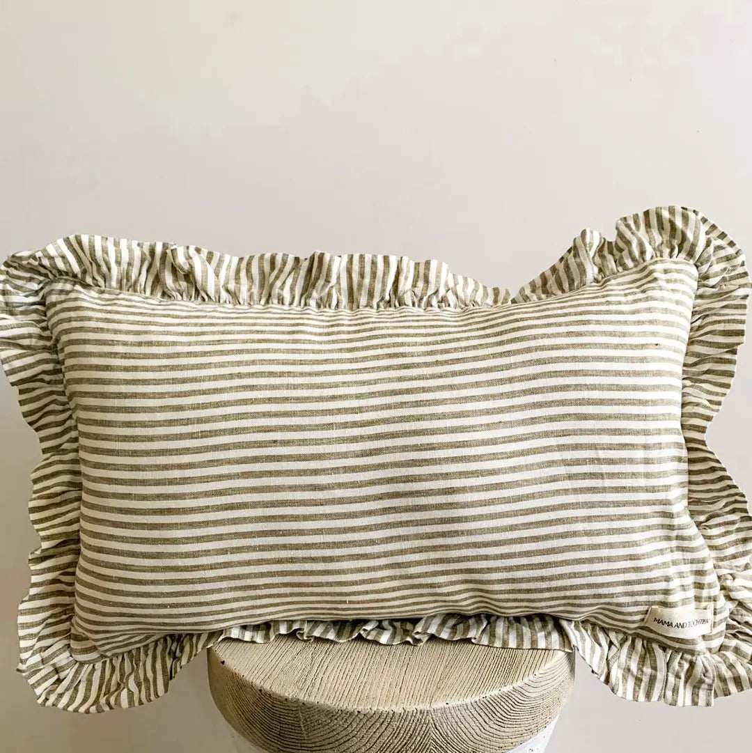 SNACC LIFESTYLE | BEAUTY & HOME Cushion Cover Pure French Linen Ruffle Lumbar - Olive Pinstripes