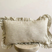 SNACC LIFESTYLE | BEAUTY & HOME Cushion Cover Pure French Linen Ruffle Lumbar - Olive Pinstripes