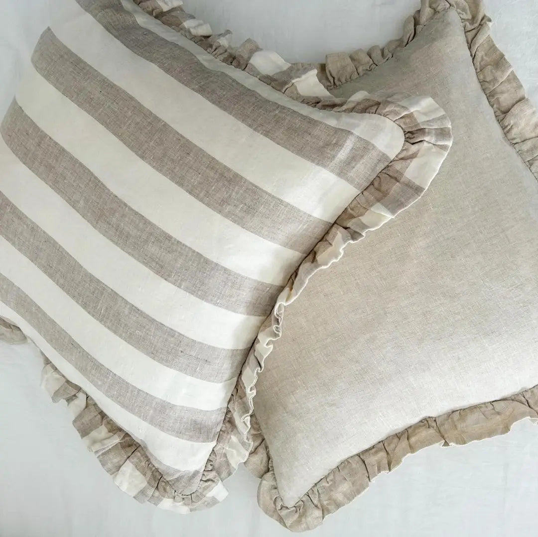 SNACC LIFESTYLE | BEAUTY & HOME Cushion Cover Reversible Linen Ruffle Cushion Cover - Natural Wide Stripe - Natural