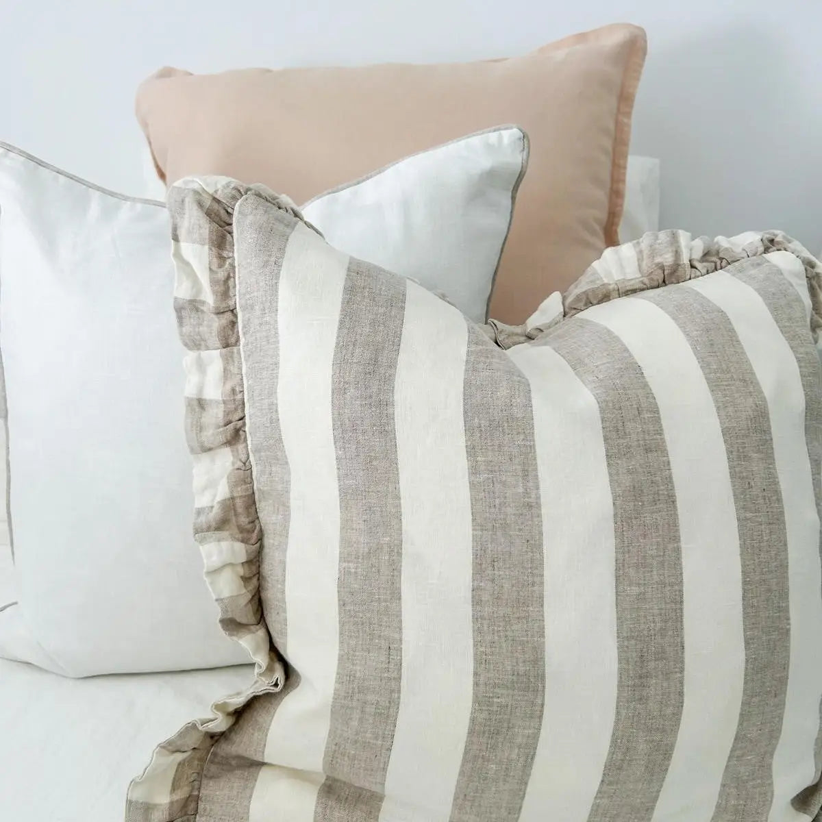 SNACC LIFESTYLE | BEAUTY & HOME Cushion Cover Reversible Linen Ruffle Cushion Cover - Natural Wide Stripe - Natural