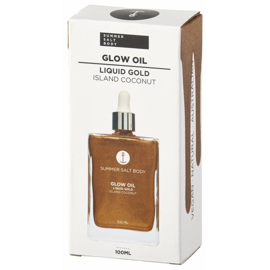 Box of Summer Salt Body Liquid Gold Body Glow Oil 100ml with gold oil bottle and dropper.
