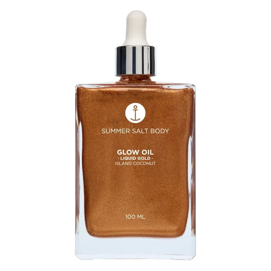 Summer Salt Body Liquid Gold Body Glow Oil in clear dropper bottle for radiant, sun-kissed skin, 100ml.