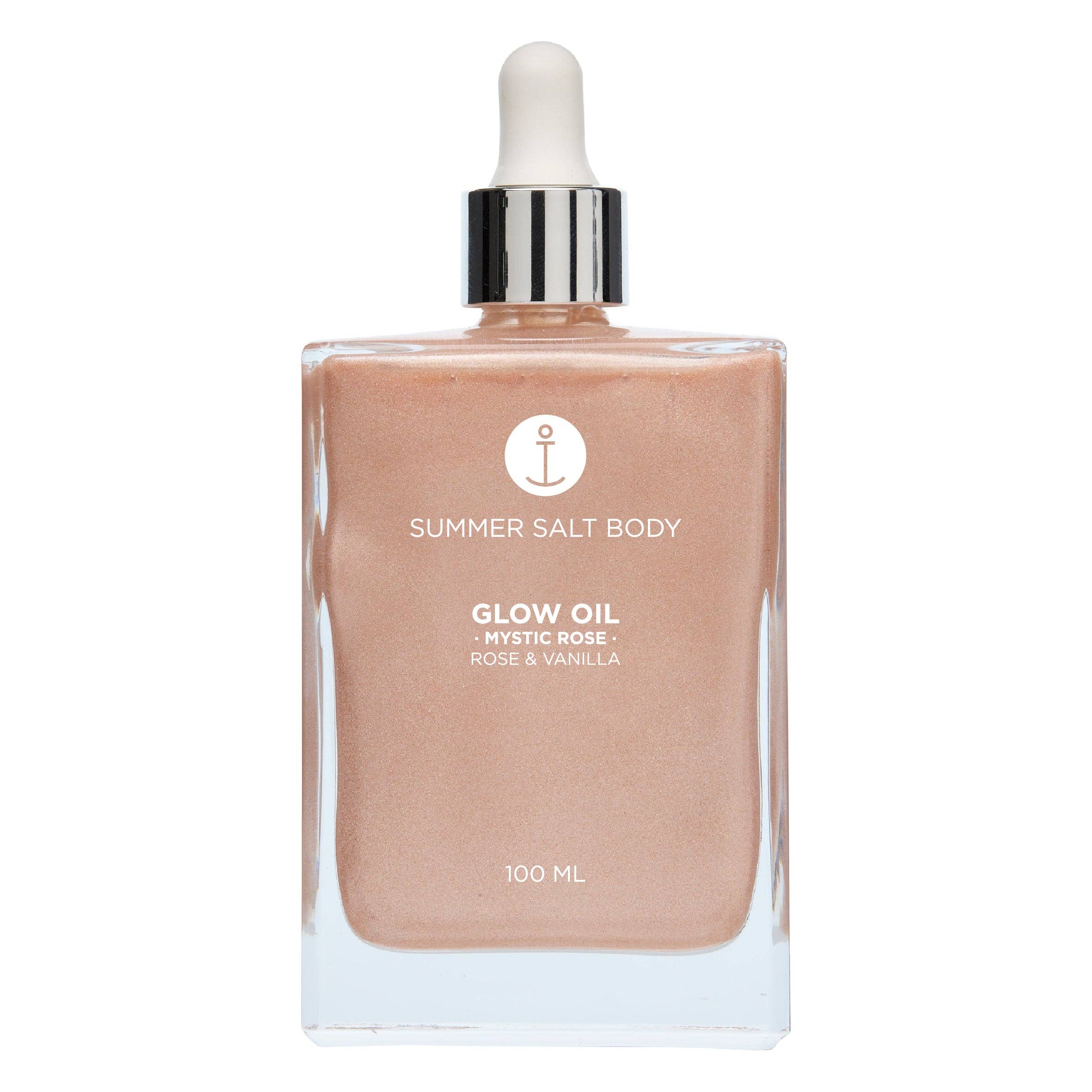 Summer Salt Body Mystic Rose Body Glow Oil 100ml bottle with rose and vanilla scent for skin hydration.