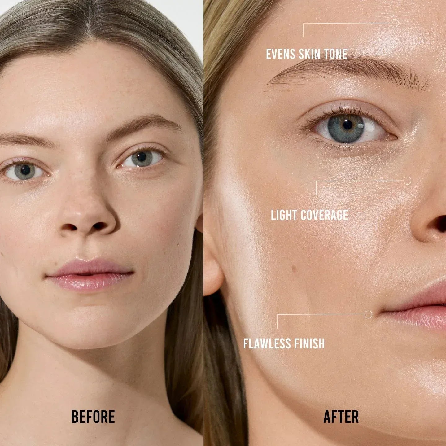 Before and after results of using Vita Beauty Blur Light 30ml showing evens skin tone, light coverage, and flawless finish.