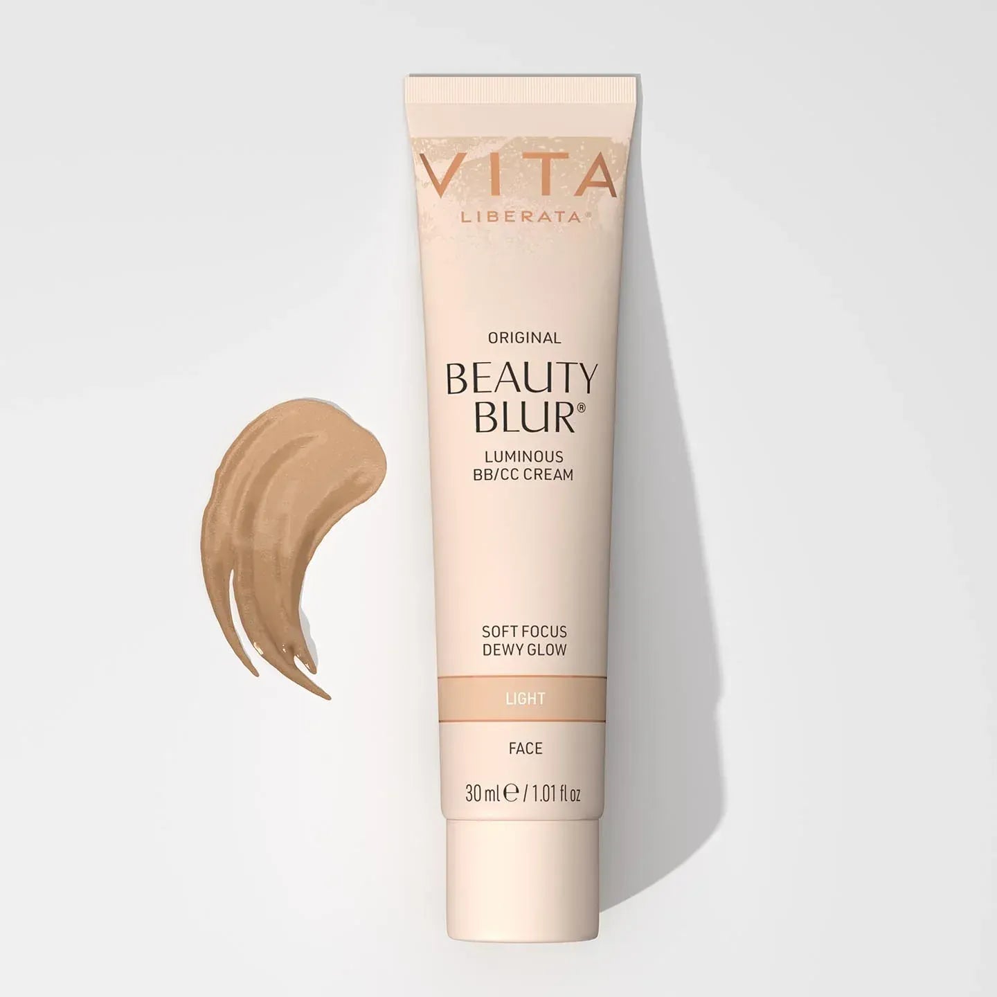 Vita Beauty Blur Light 30ml Skin Perfecting Glow Primer tube with swatch, offers a luminous, pore-minimizing finish for radiant skin.