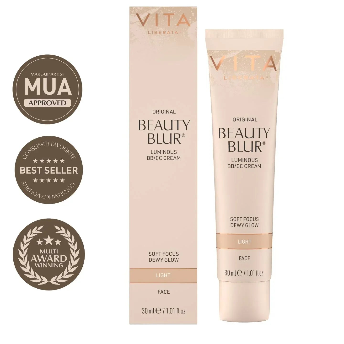 Vita Beauty Blur Light 30ml Skin Perfecting Glow Primer with awards and packaging, MUA approved, bestseller, award-winning.