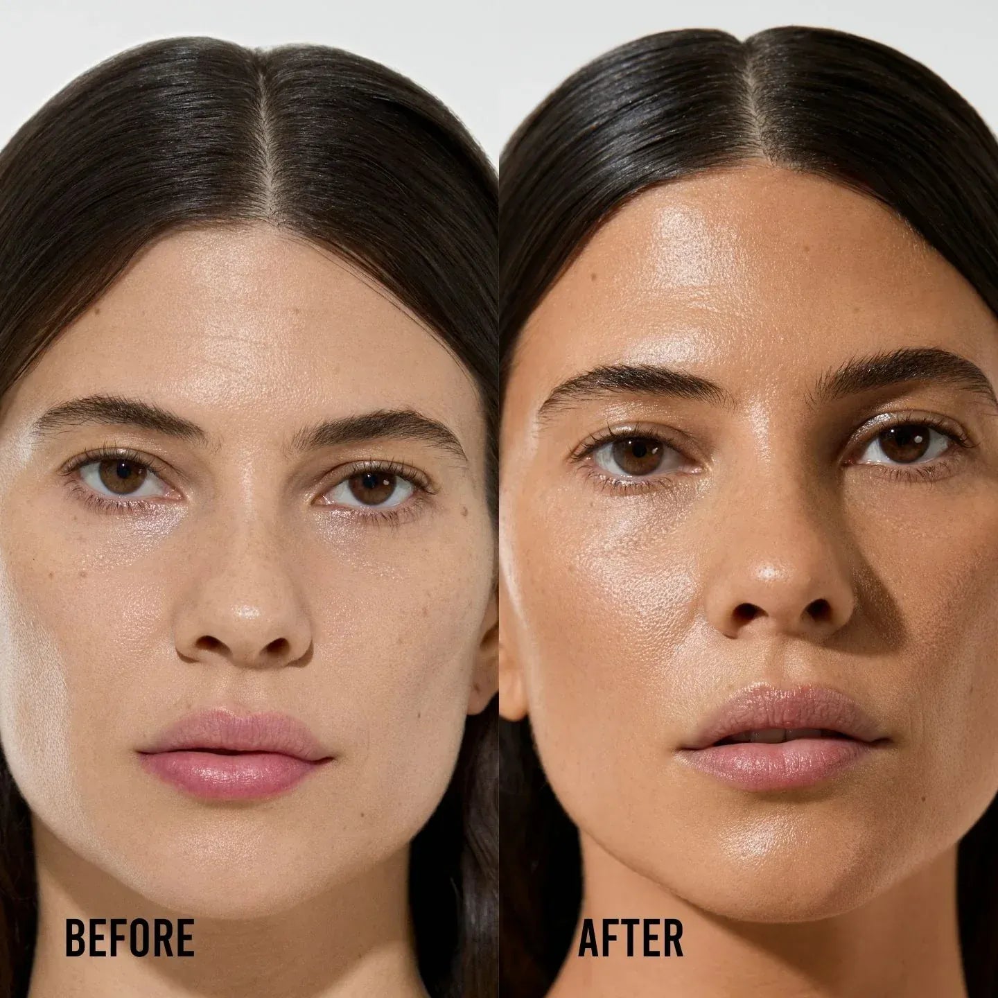 Before and after application of Vita Liberata HA + Deep Moisture face tan serum showing a natural-looking, sun-kissed glow.