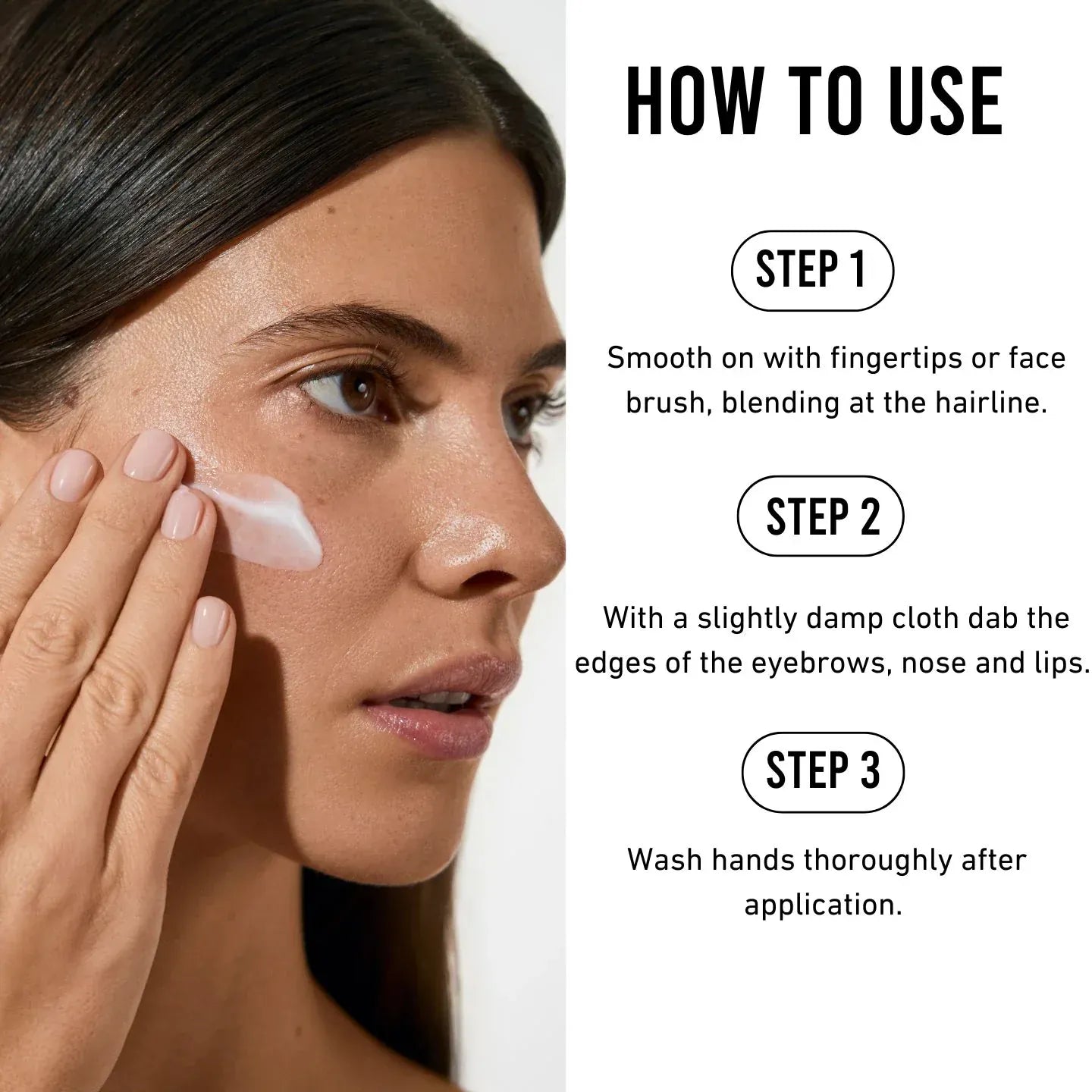 Model applying Vita Liberata HA + Deep Moisture face tan serum with product application steps shown.