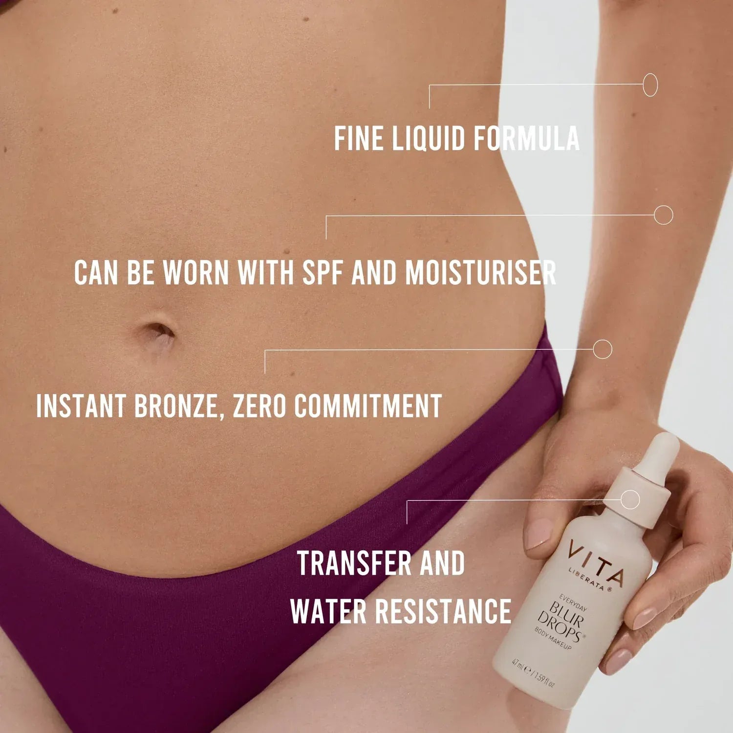 Vita Liberata Everyday Blur Drops Body Makeup Medium showing fine liquid formula and instant bronze benefits.