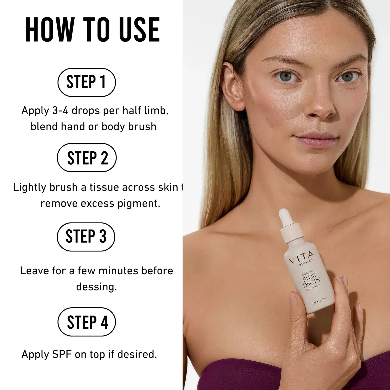Woman holding Vita Liberata Everyday Blur Drops, step-by-step guide for applying body makeup medium displayed on the side.