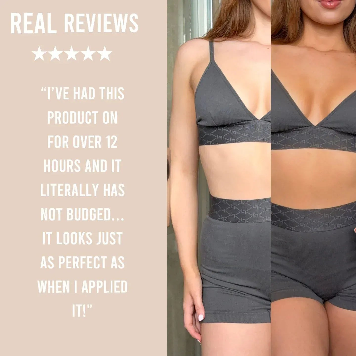 Model showcasing Vita Liberata Everyday Blur Drops Body Makeup Medium with customer review on long-lasting effect and perfect application.