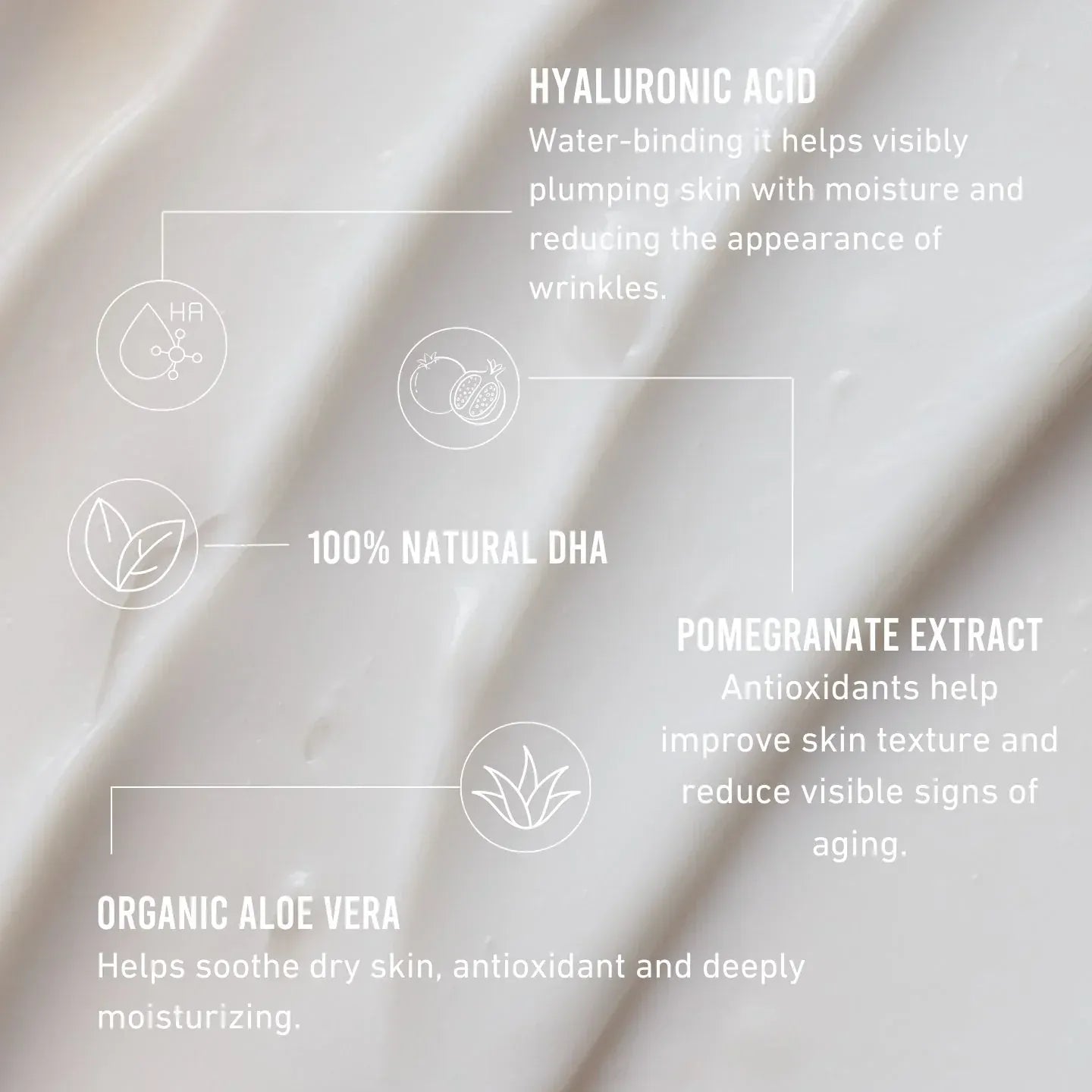 Ingredients of The Gradual Tanning Lotion 200ml with hyaluronic acid, 100% natural DHA, pomegranate extract, and organic aloe vera.