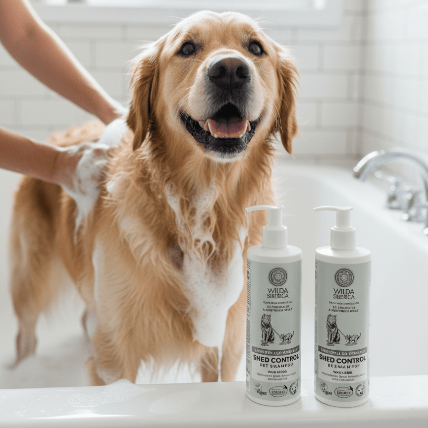 Dog being bathed with Wilda Siberica Shed Control Pet Conditioner 400ml for reduced shedding and a healthy coat.