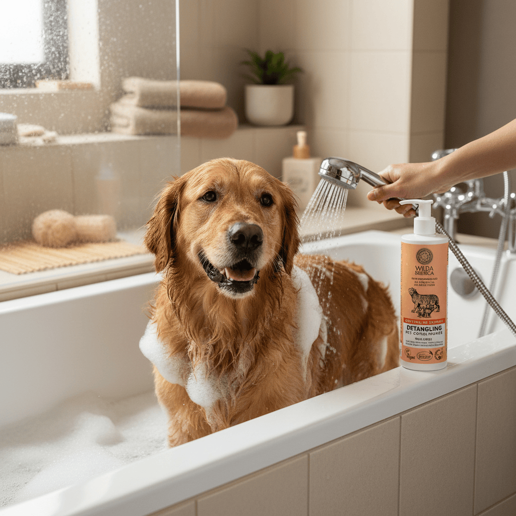 Golden retriever in a bath with Wilda Siberica Detangling Pet Conditioner 400ml for easy grooming and detangling.