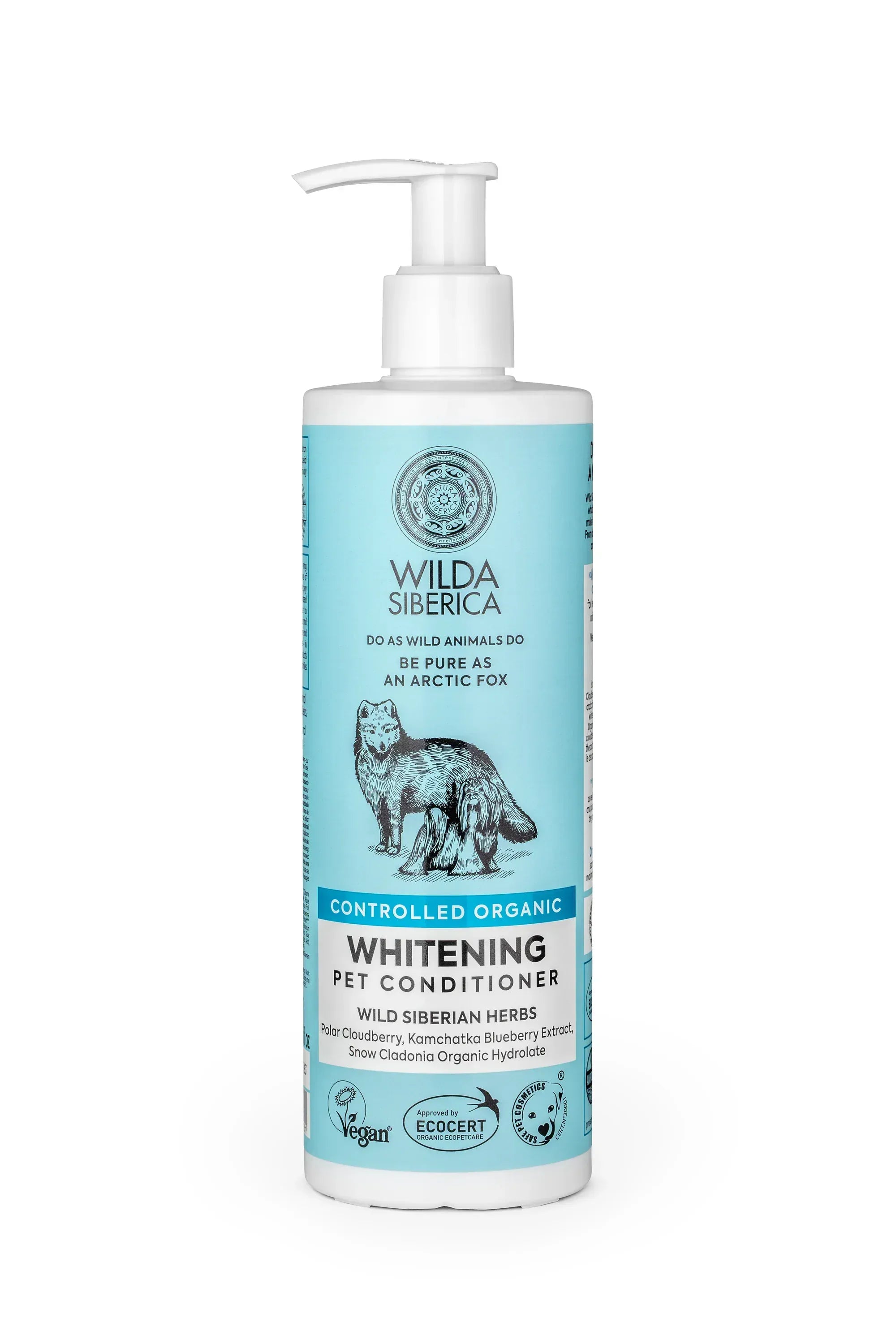 Wilda Siberica Whitening Organic Pet Conditioner 400ml bottle for white fur care with nourishing and brightening effects.