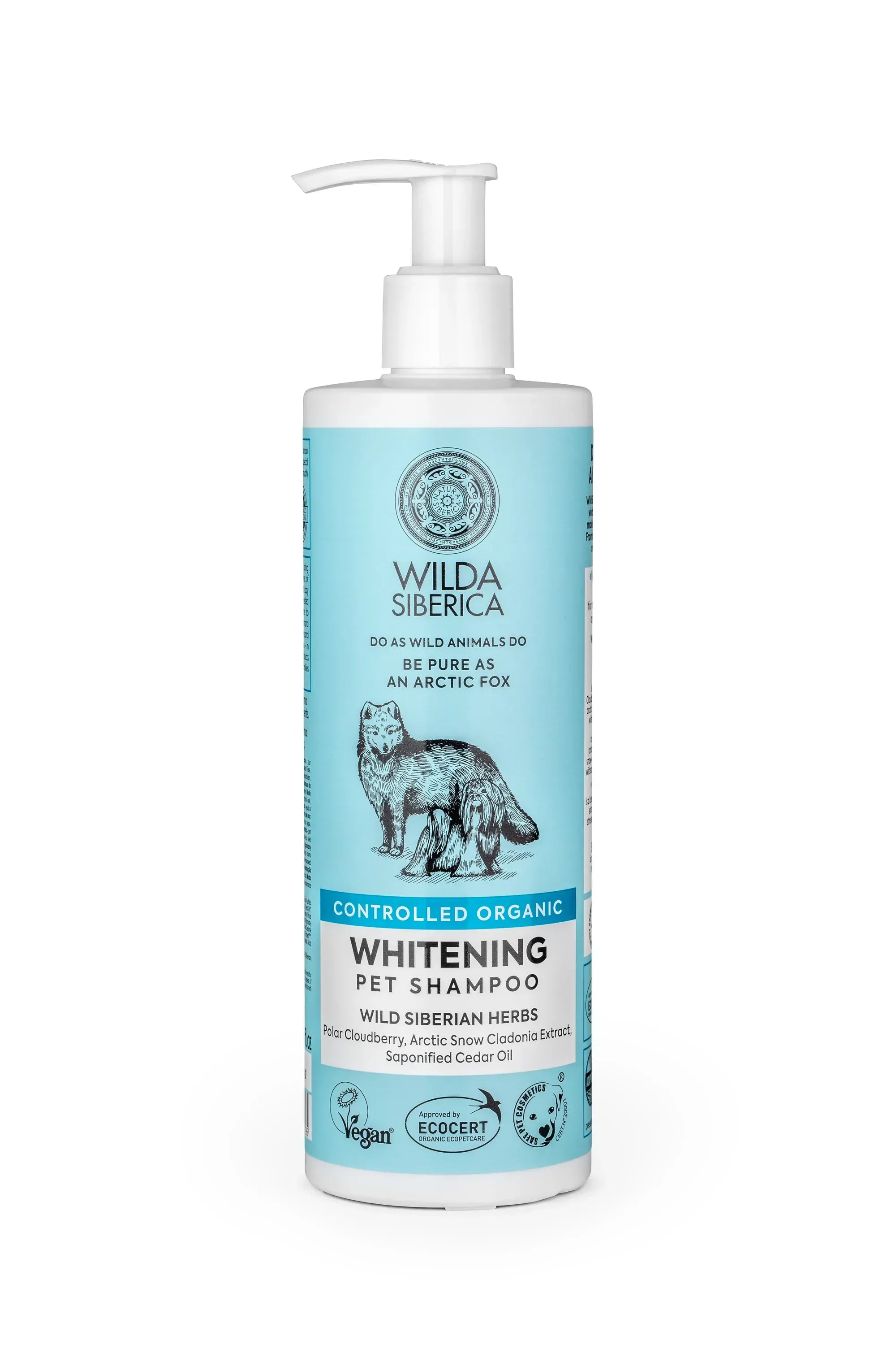 Wilda Siberica Whitening Organic Pet Shampoo 400ml bottle with blue label designed for brightening white fur and healthy pet coat care.