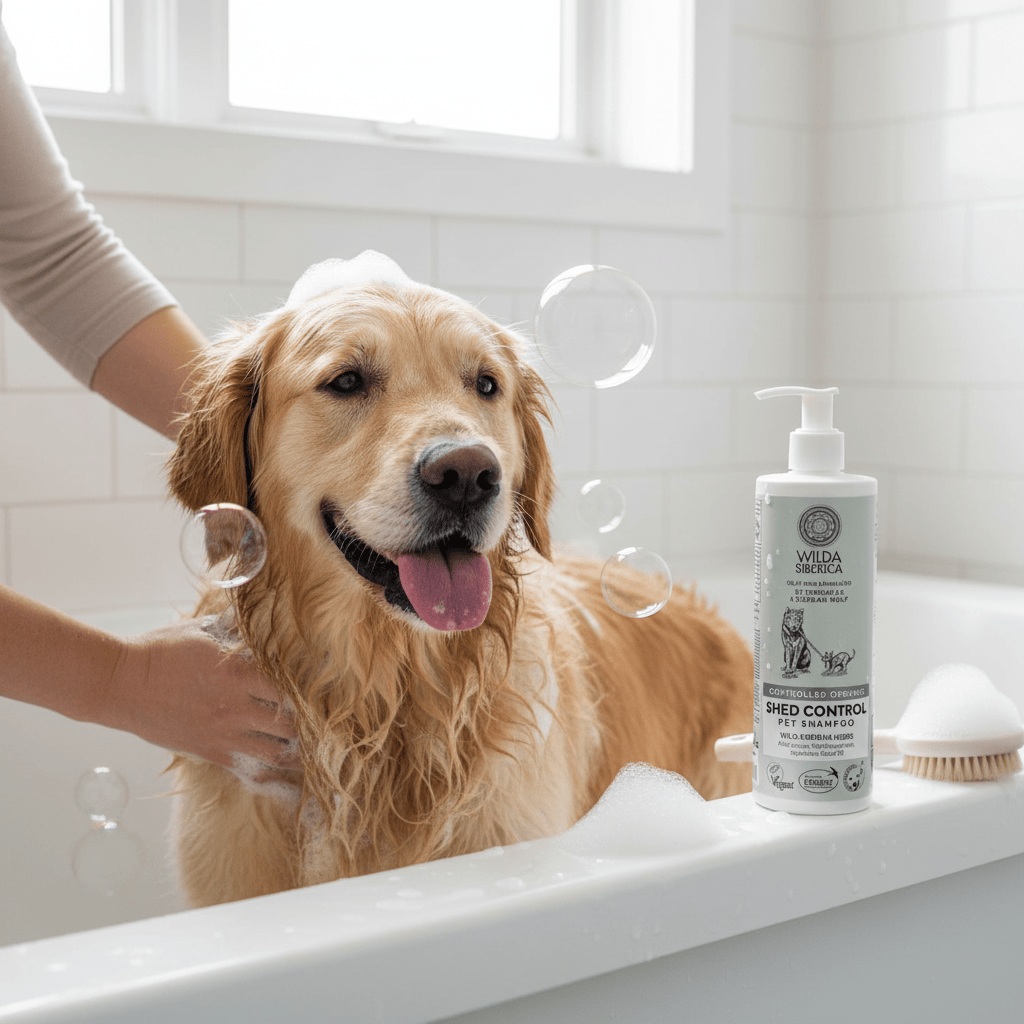 Golden retriever being bathed with Wilda Siberian Shed Control Pet Shampoo 400ml, reducing shedding and promoting coat health.