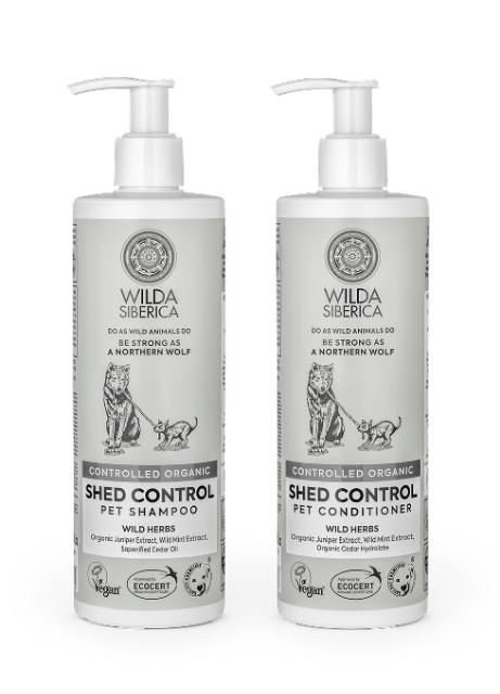 Wilda Siberian Shed Control Pet Shampoo 400ml bottle with conditioner for reducing pet shedding and coat care.