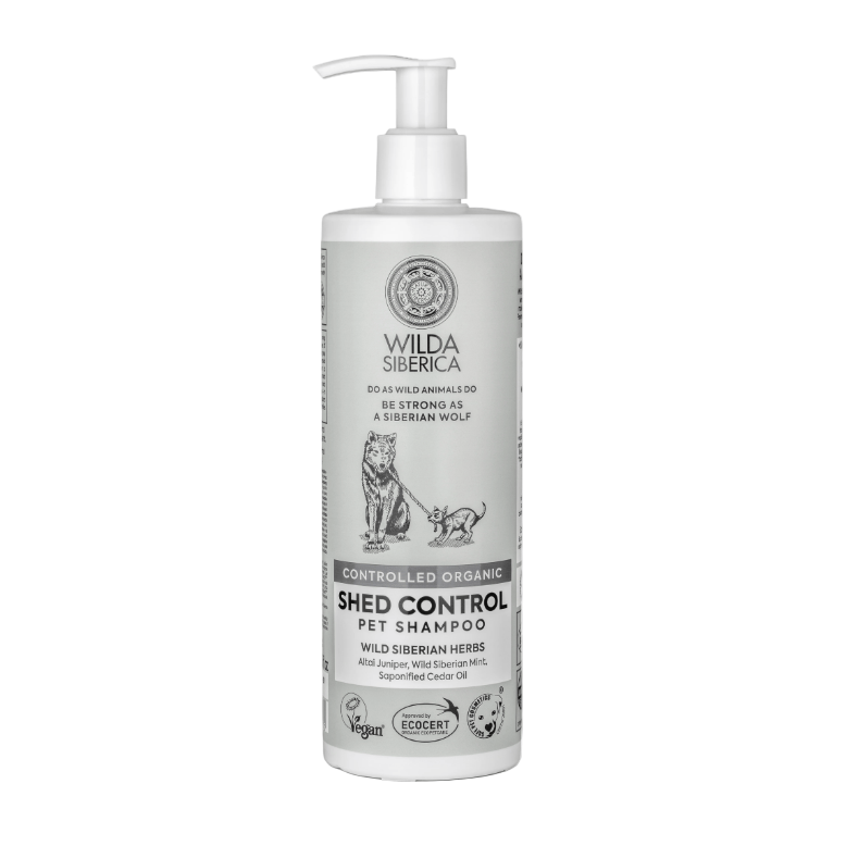 Wilda Siberian Shed Control Pet Shampoo 400ml bottle for coat care and reducing shedding in pets.
