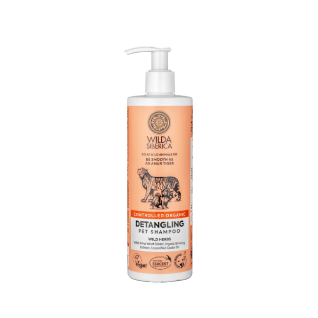 Wilda Siberica Detangling Pet Shampoo 400ml bottle with pump for long hair care and easy grooming.