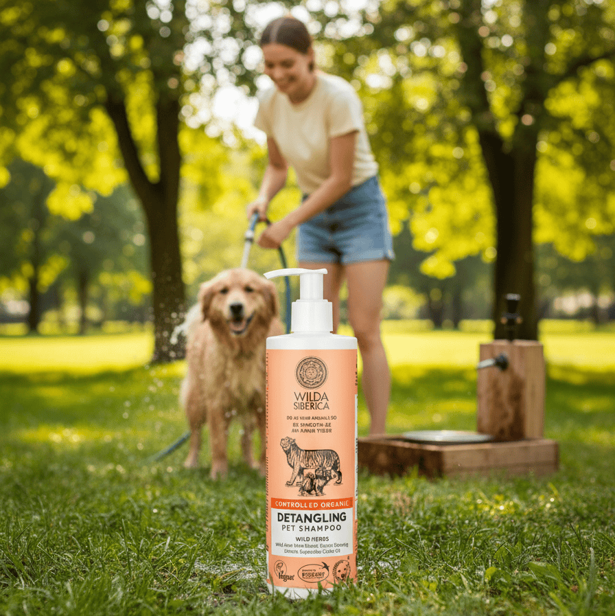Wilda Siberica Detangling Pet Shampoo 400ml displayed with a dog being bathed outdoors in a park.