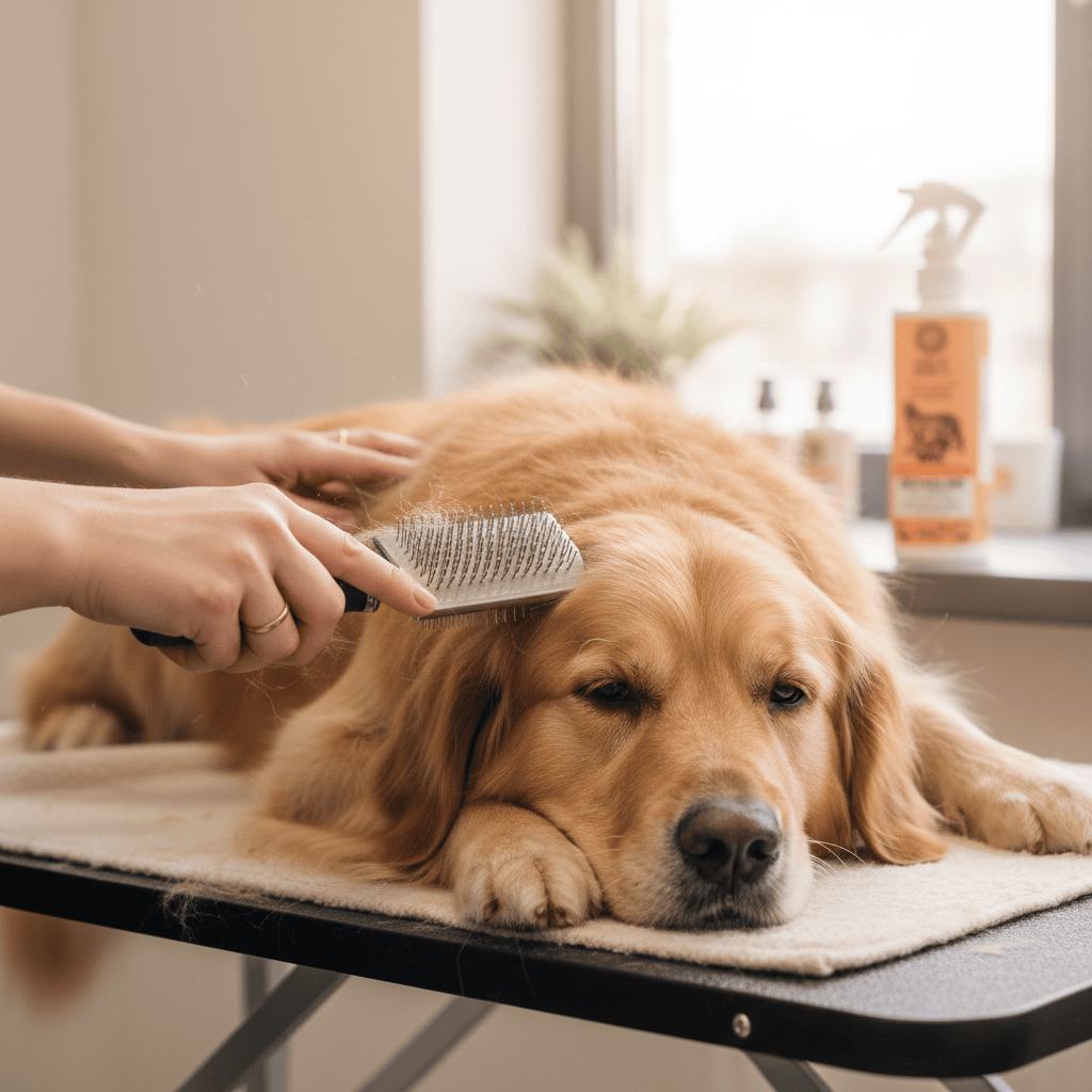 Person grooming a dog with Wilda Siberica Detangling Pet Spray 250ml on a table, highlighting pet care for long-haired coats.