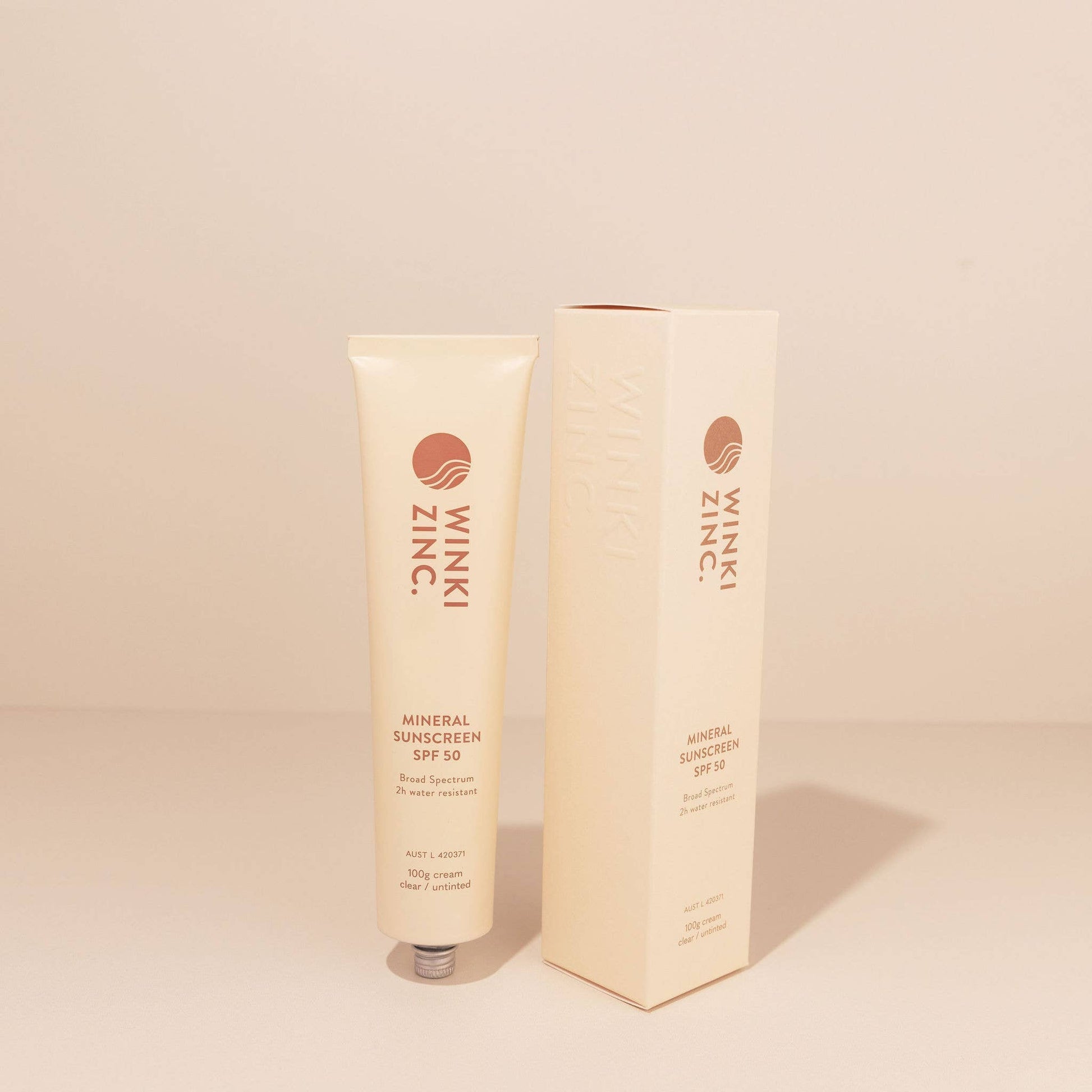 Winki Zinc Natural Mineral Sunscreen SPF 50 tube and box with high SPF protection.