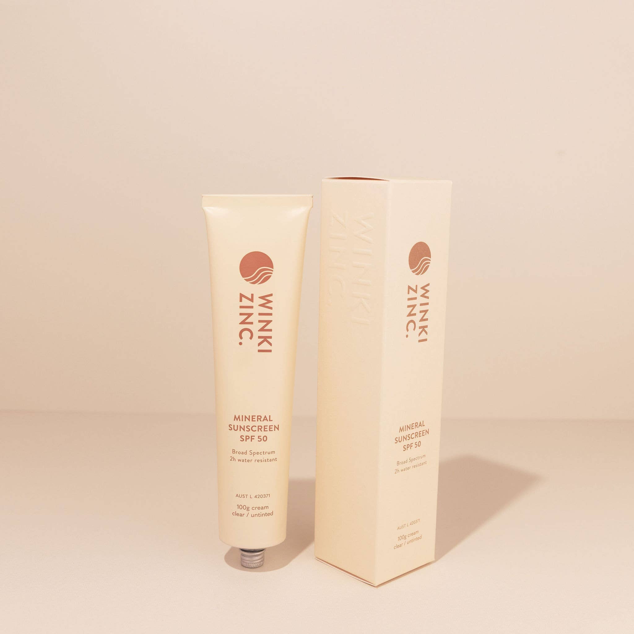 Winki Zinc Natural Mineral Sunscreen SPF 50 tube and box with high SPF protection.